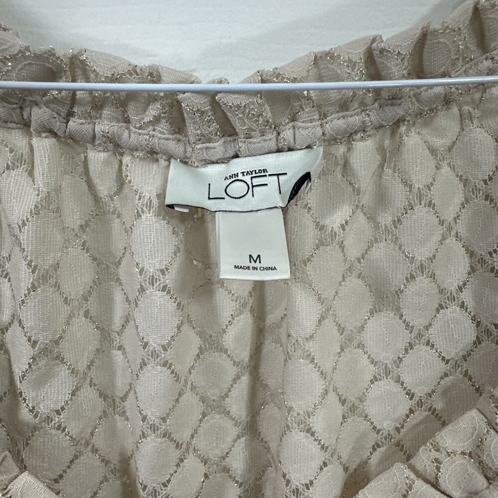 Ann Taylor LOFT Peasant Blouse Womens M Cream Gold Metallic Lace Ruffle Top - Picture 2 of 9